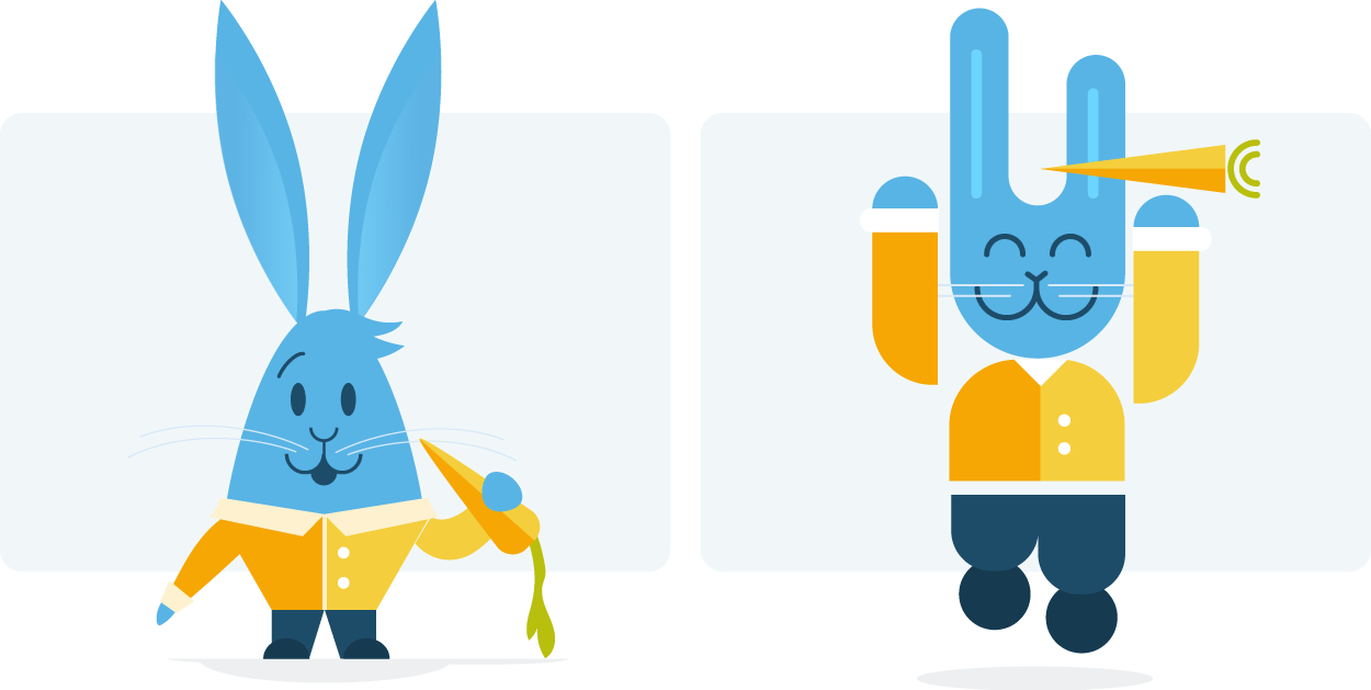 one regular rabbit with carrot, one jumping rabbit
