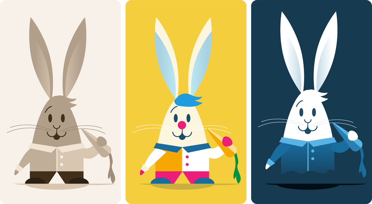 one rabbit in sepia tones, one in vibrant clown outfit and one ghost bunny with a dark background