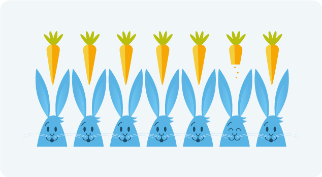 seven blue rabbits with carrots above their heads 