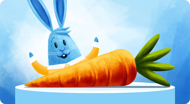 A rabbit looking at a carrot with texture and shading that make them look more three dimensional