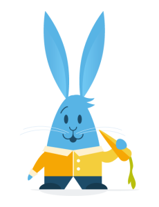 illustrated blue bunny in a orange and yellow shirt eating a carrot
