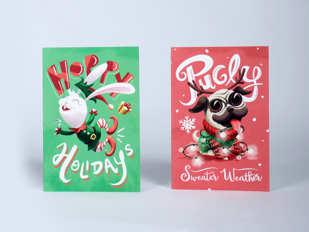 illustrated holiday card of rabbit "hoppy holidays" and pug dog "pugly sweater weather"