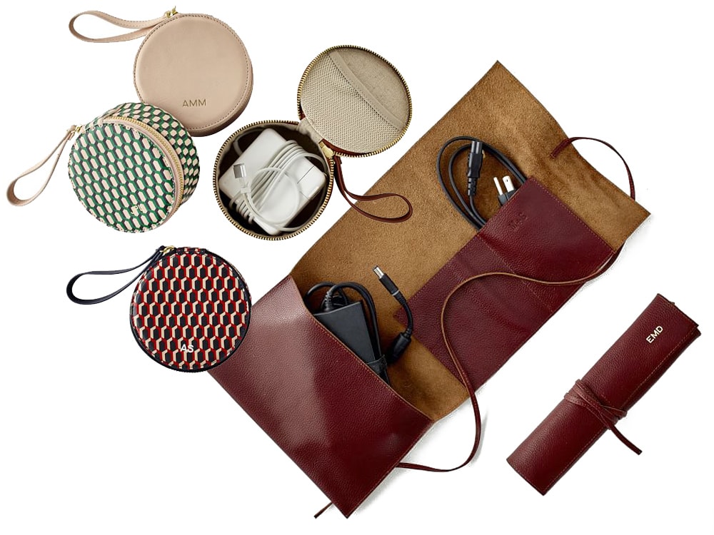 Mark and Graham round leather zip cases and leather charger roll-up for creative people