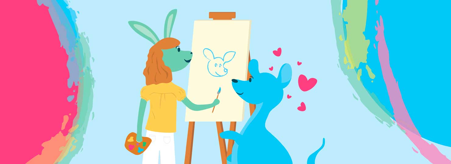 Graphic illustration of a rabbit artist painting