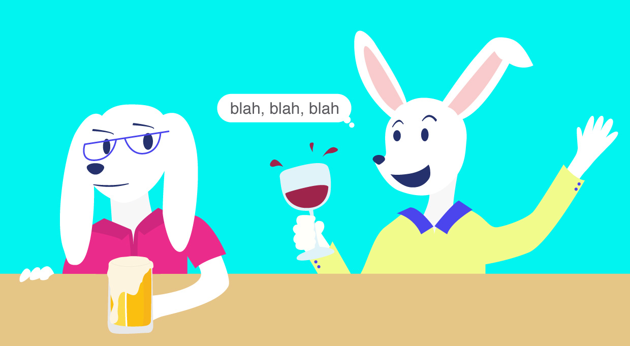 illustrated rabbit talking with a glass of wine in hand to another rabbit wearing glasses and holding a beer