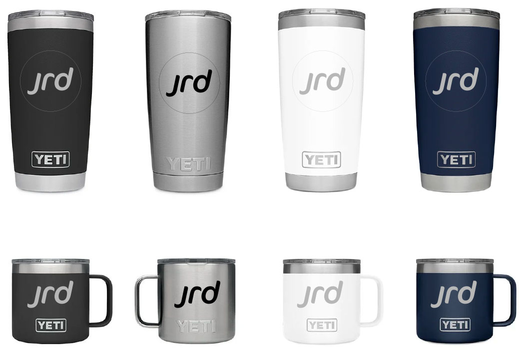 A variety of YETI cups and mugs with Jackrabbit design logo