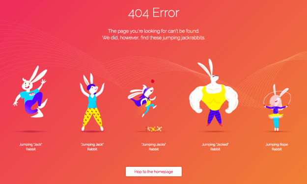 screenshot of 404 page with various illustrated rabbits 