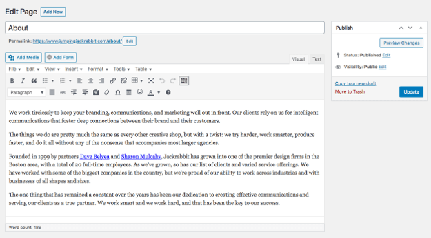 screenshot of WYSIWYG in WordPress backend