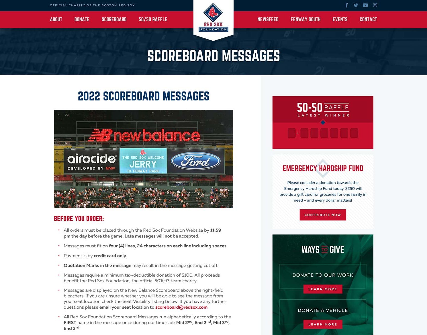 red sox foundation website design showing sample page for scoreboard messages designed by Jackrabbit