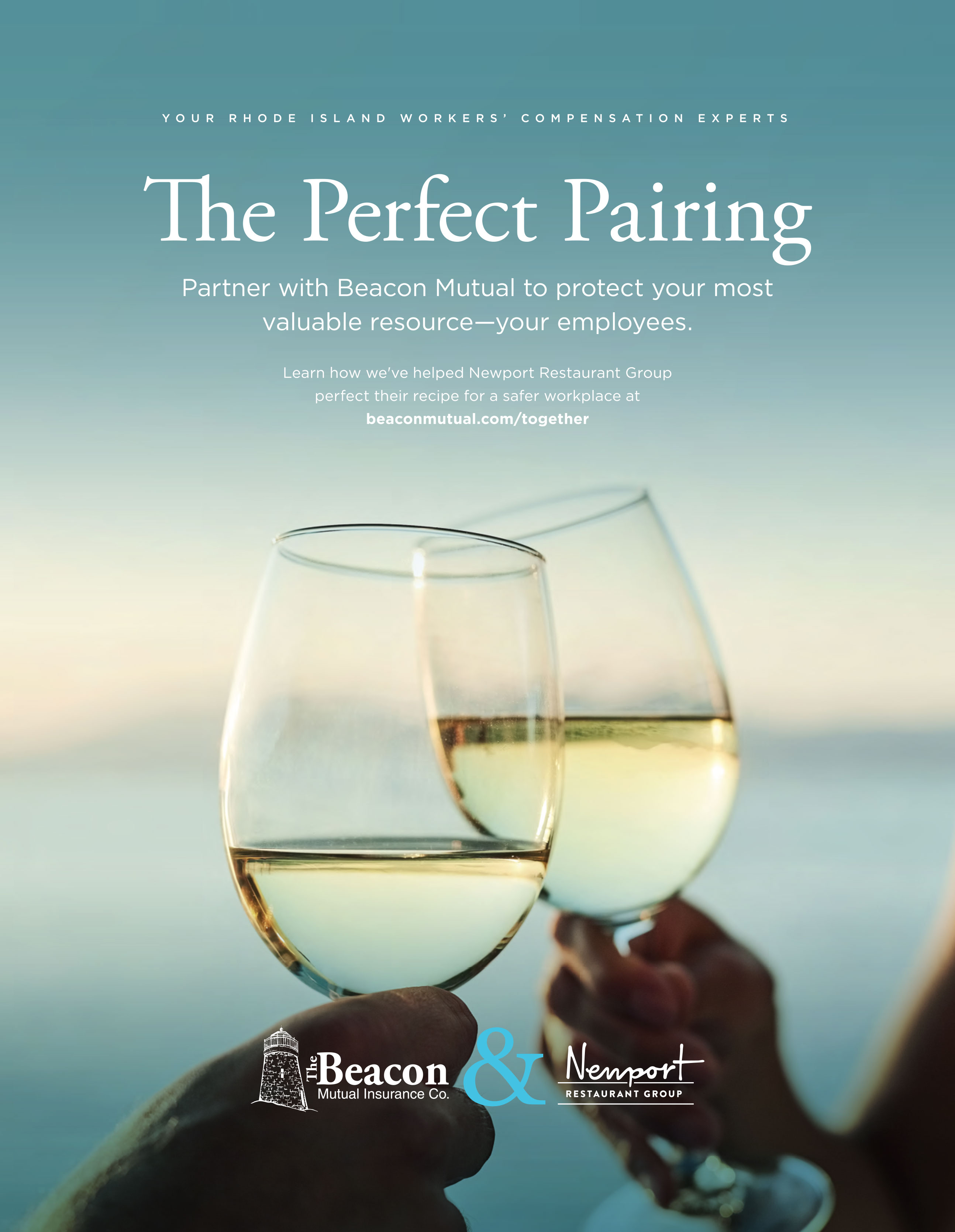 Beacon Mutual advertisement with two wine glasses clinking together