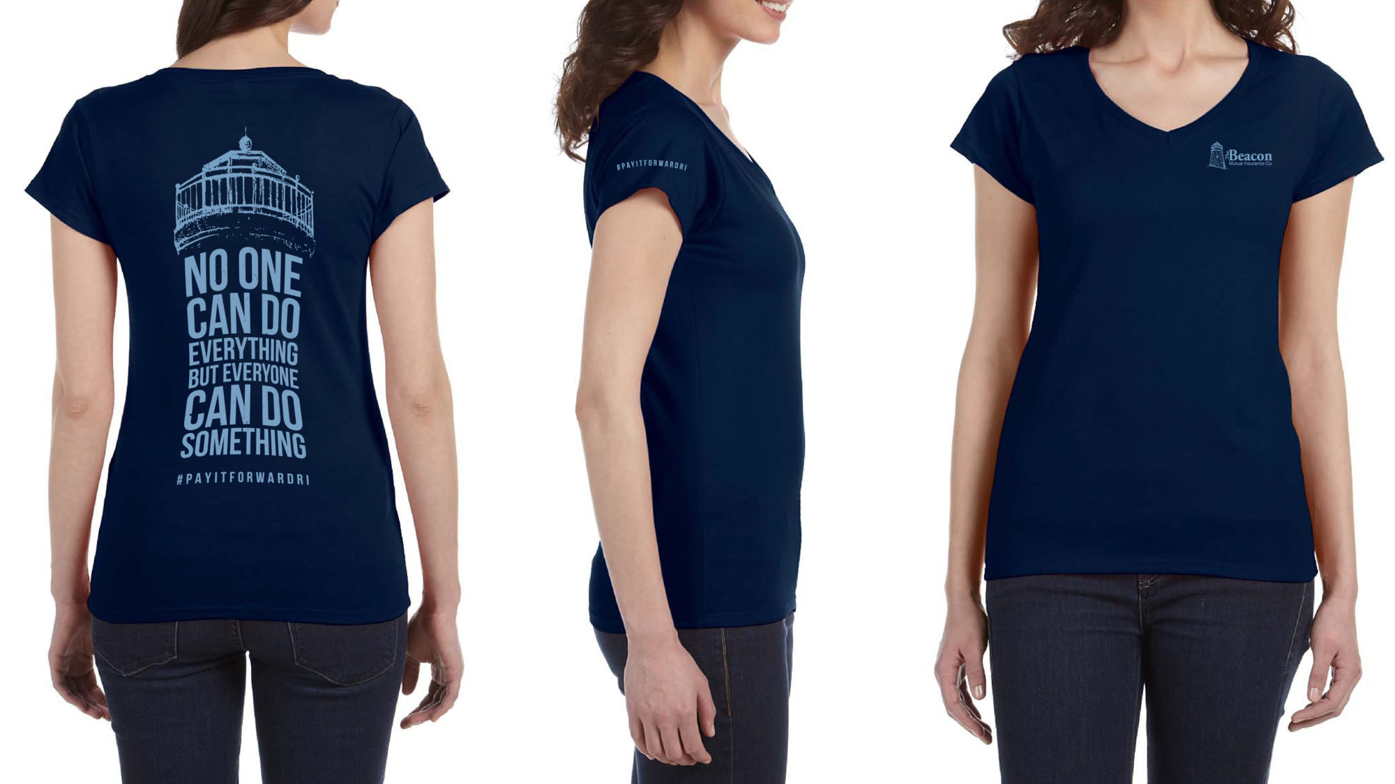woman wearing Beacon Mutual navy t-shirt turned three different directions