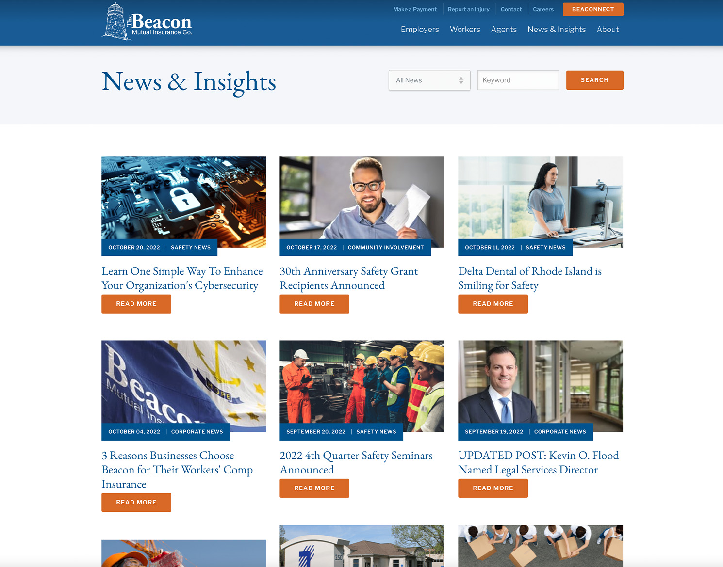 desktop view of Beacon Mutual's news and insights page
