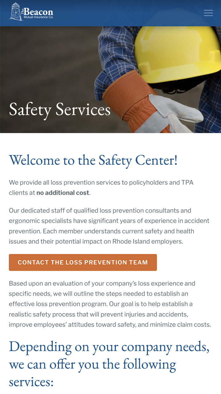mobile view of Beacon Mutual's safety services page