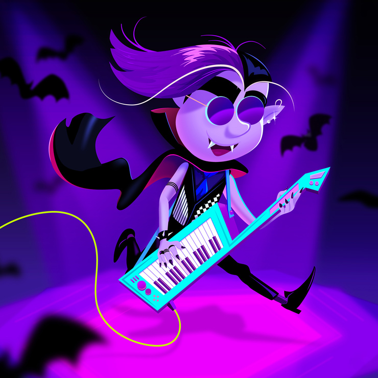 Illustration of a rockstar vampire playing a keytar by Chris