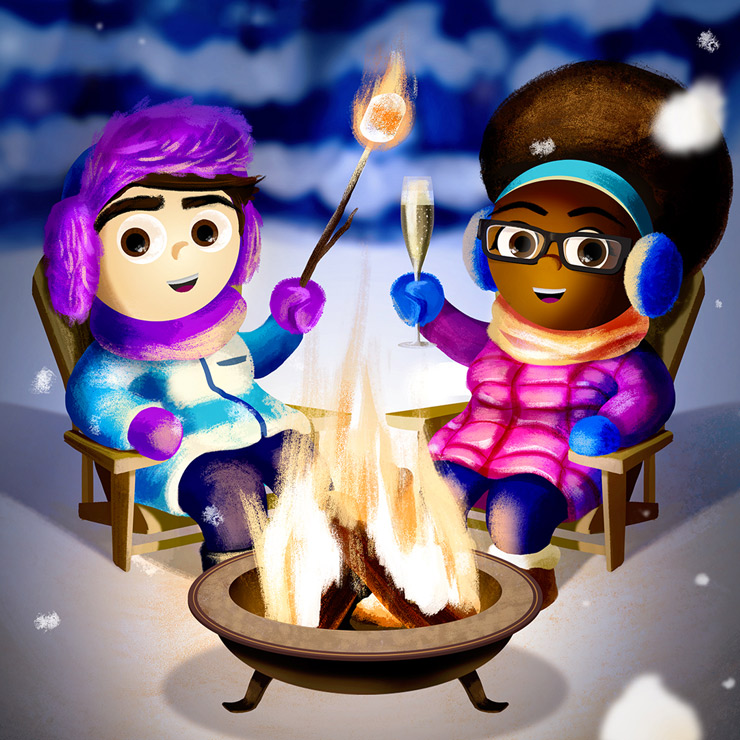 Illustration of Chris and his partner by a campfire in the snow