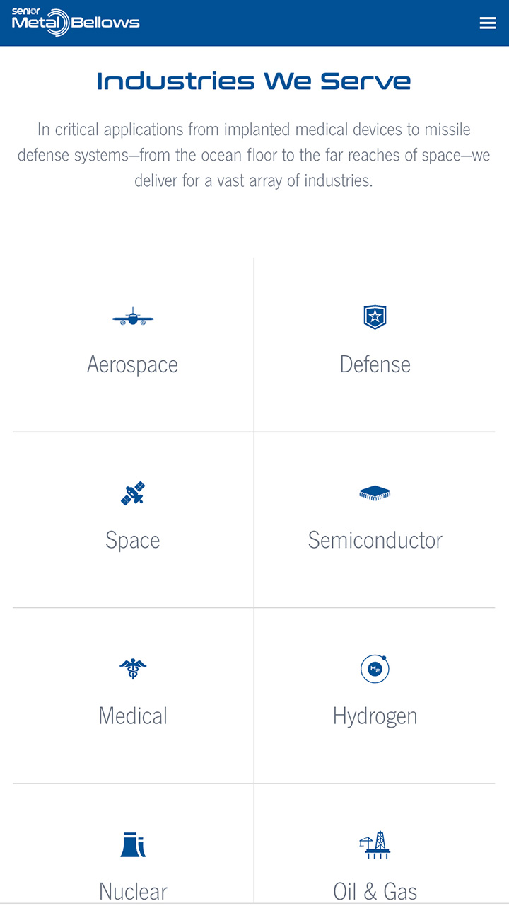 Senior Metal Bellows website design showing responsive on mobile