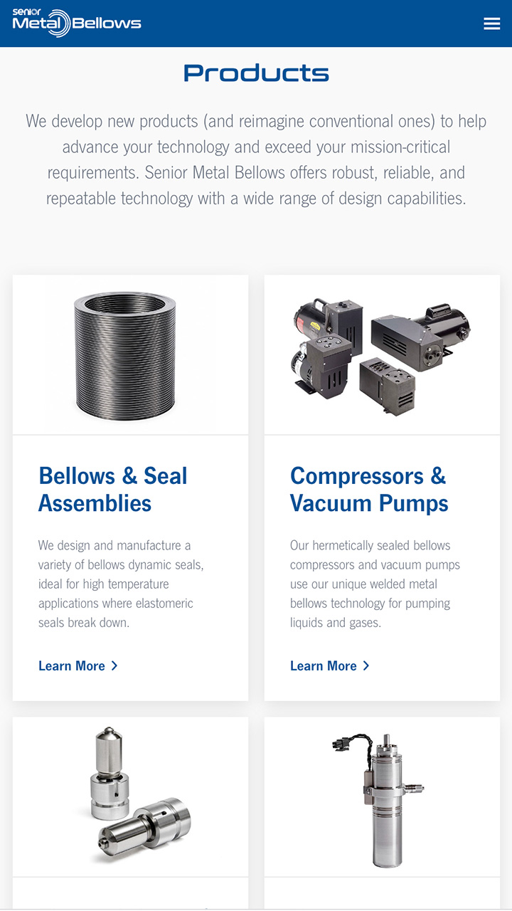 Senior Metal Bellows website design showing responsive on mobile