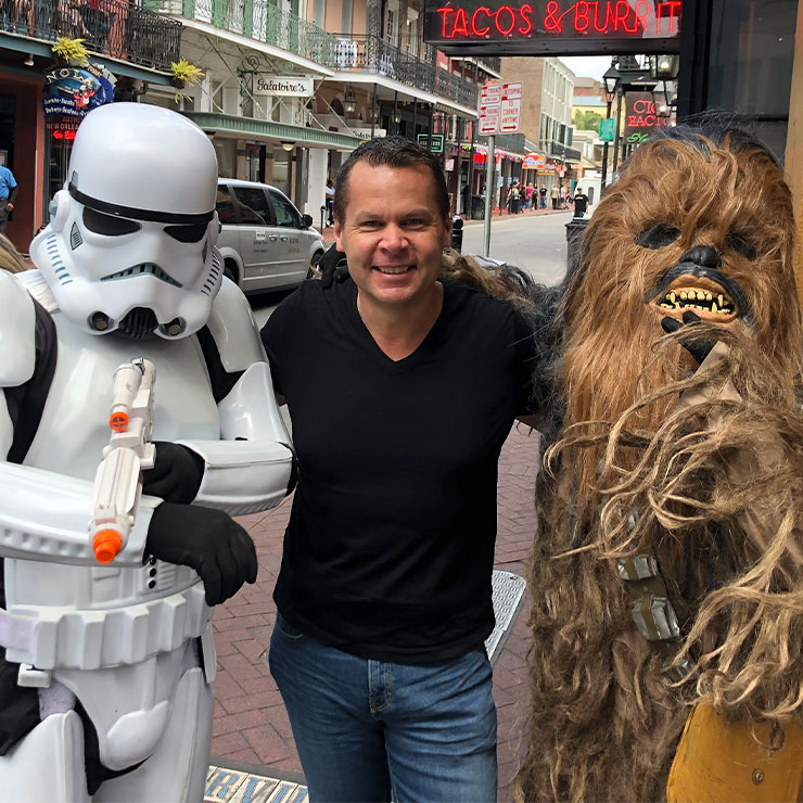 Dave with a Star Wars Storm Trooper and Chewbacca