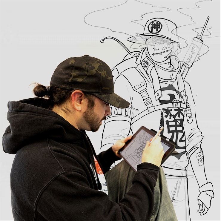 Will drawing on an iPad, with his illustration