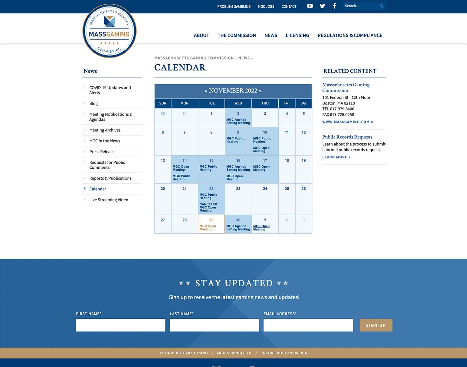 Massachusetts Gaming Commission website - Events calendar page