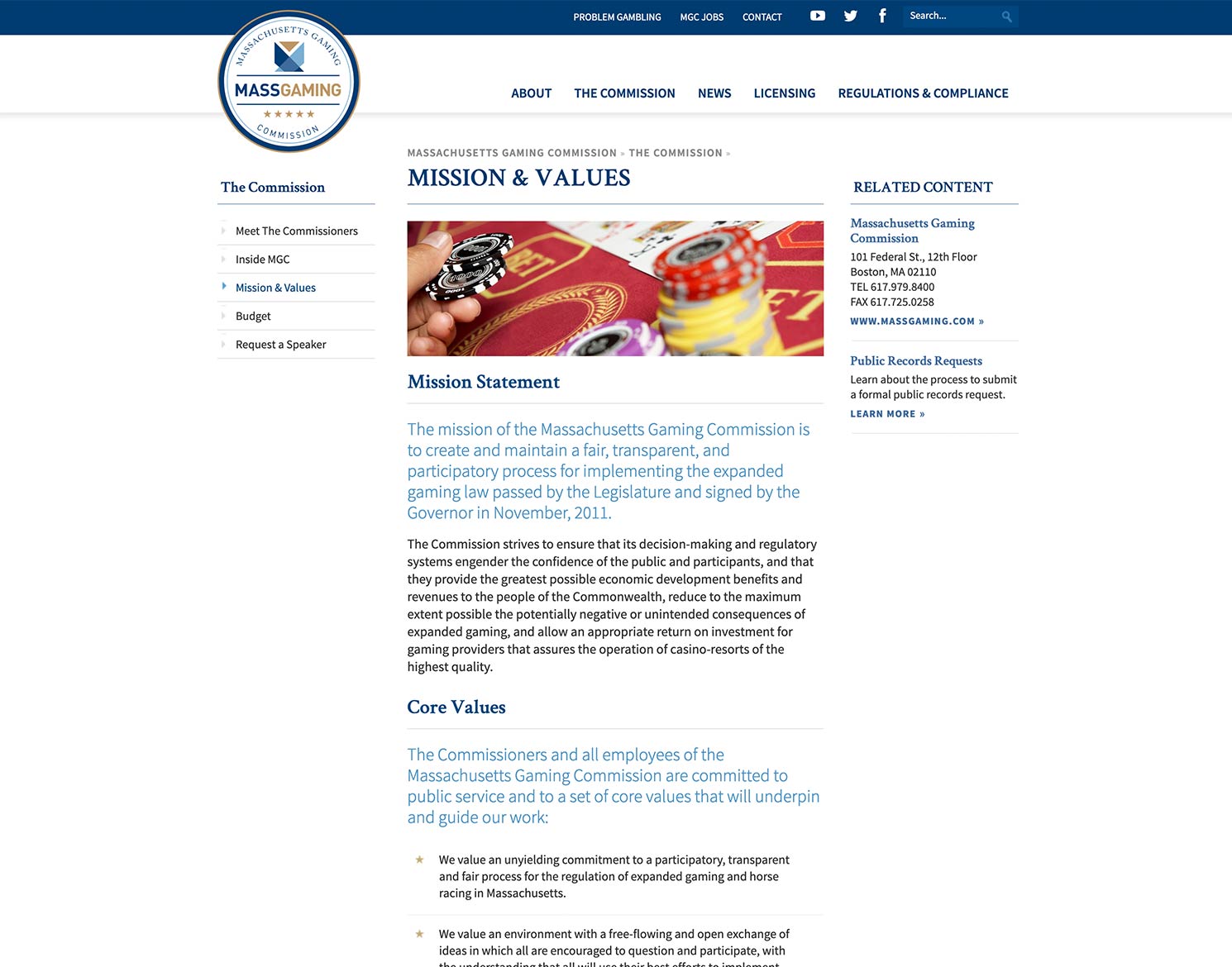 Massachusetts Gaming Commission website - Detail page