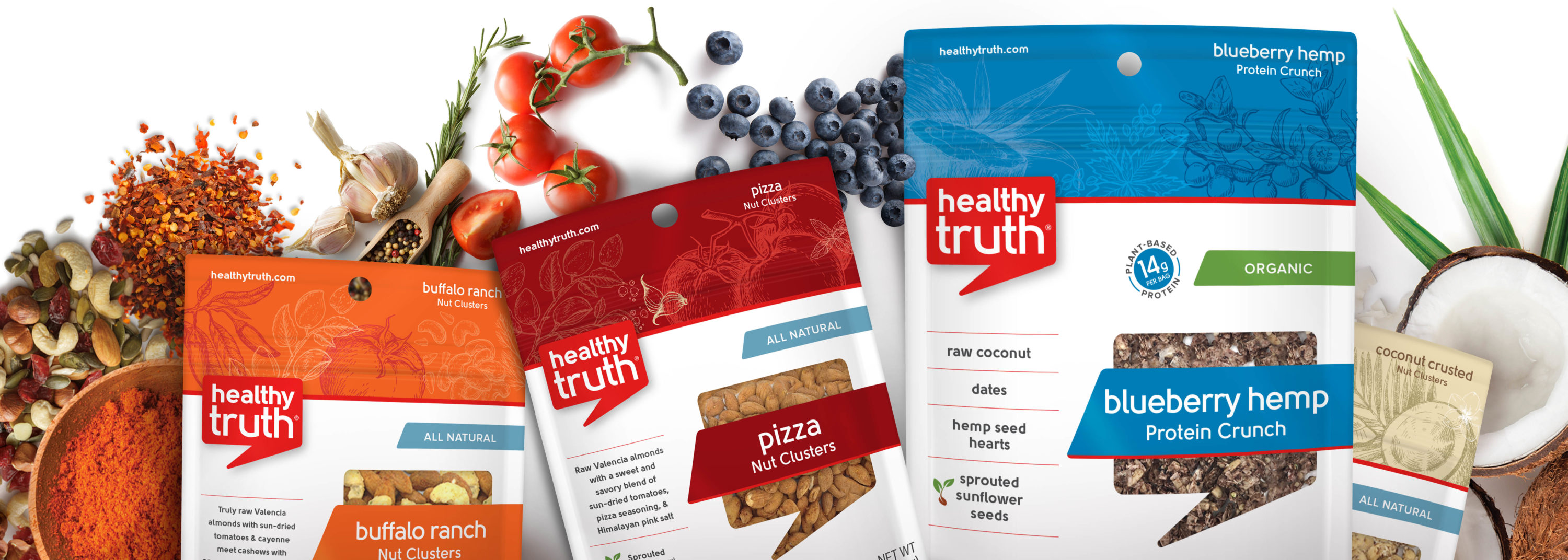 Healthy Truth packaging with fruit in background