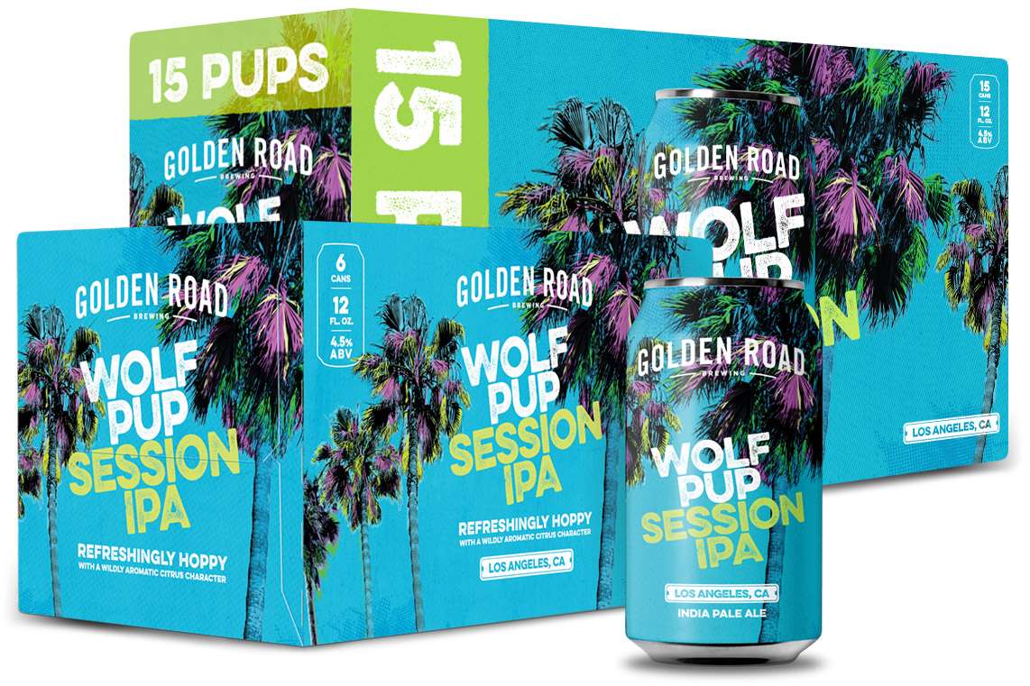 golden road packaging design and Illustration for Wolf Pup Session IPA