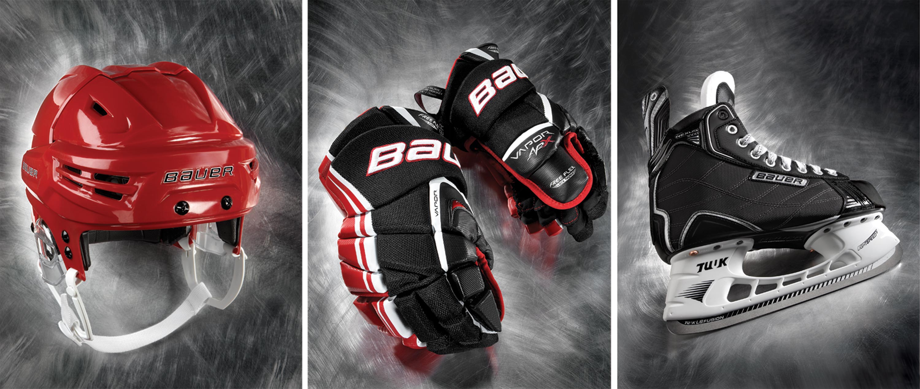 creative photography for bauer hockey products using a brushed metal surface