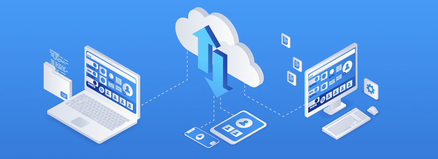 laptops, computers, and clouds graphic