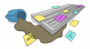 Coffee spilled onto a keyboard with sticky notes scattered