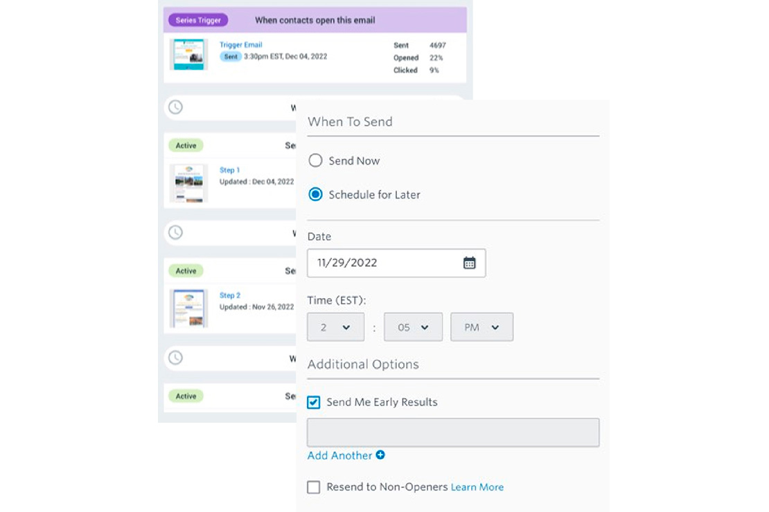 sample email marketing automation and scheduling screens