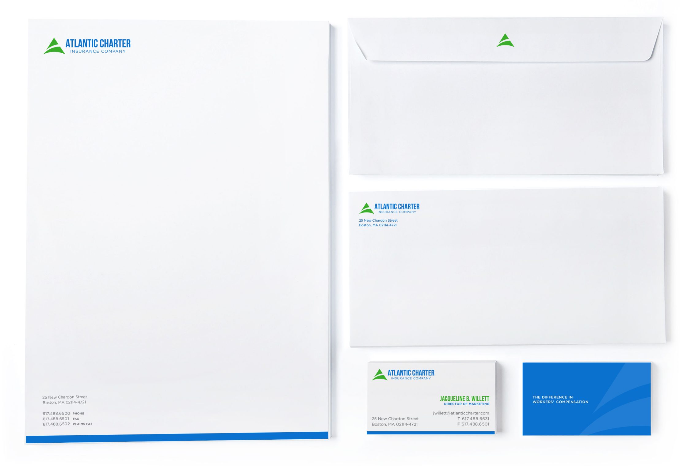 atlantic charter branded stationery set including letterhead, envelopes, business cards