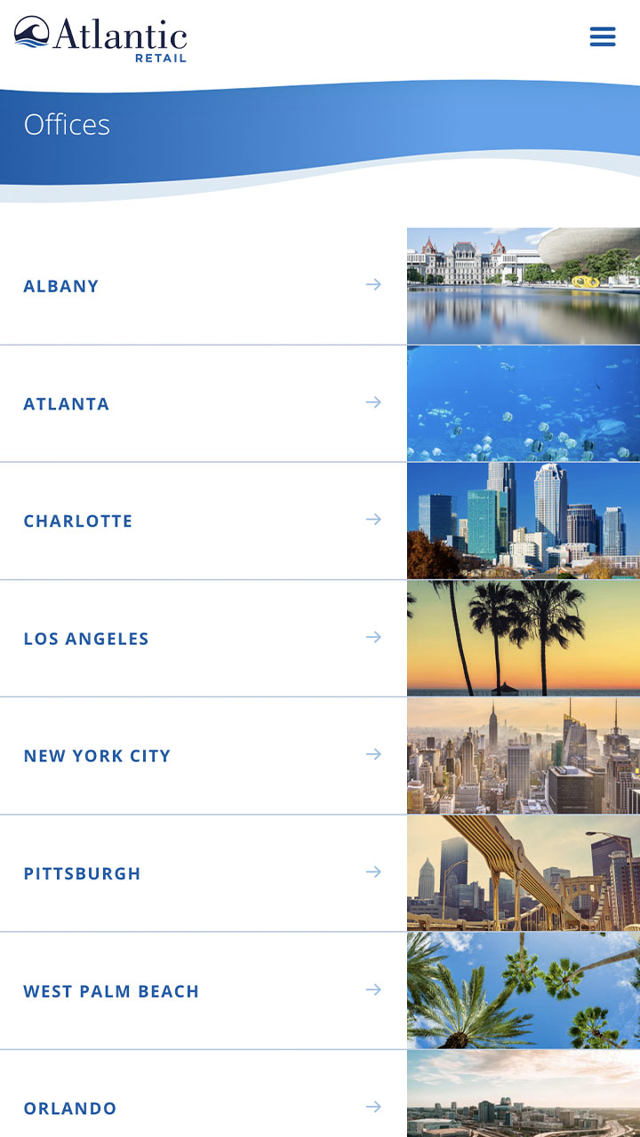 Mobile screen showing Atlantic Retail's office locations