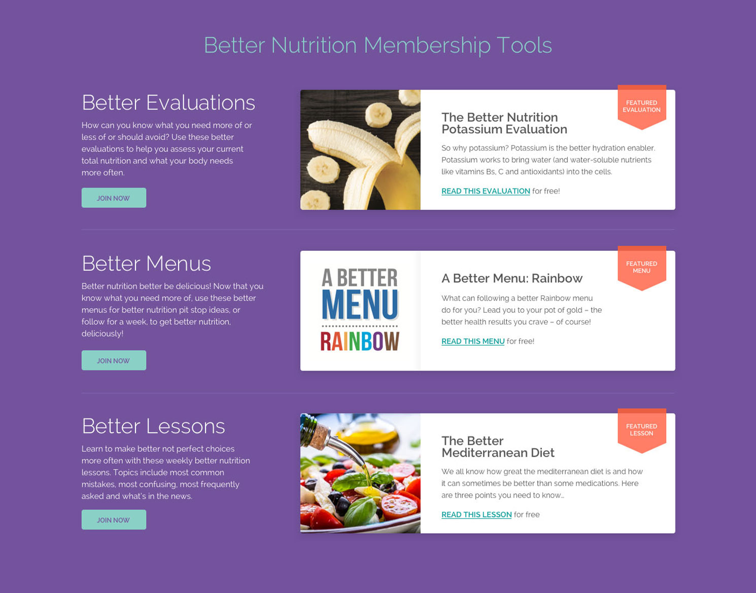 Better Nutrition website tools list including menus and lessons