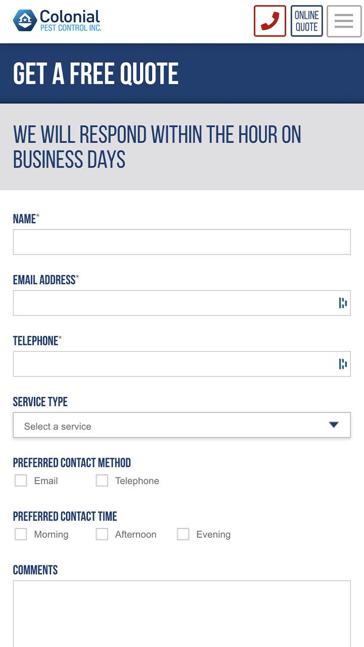 Colonial pest mobile get a quote screen