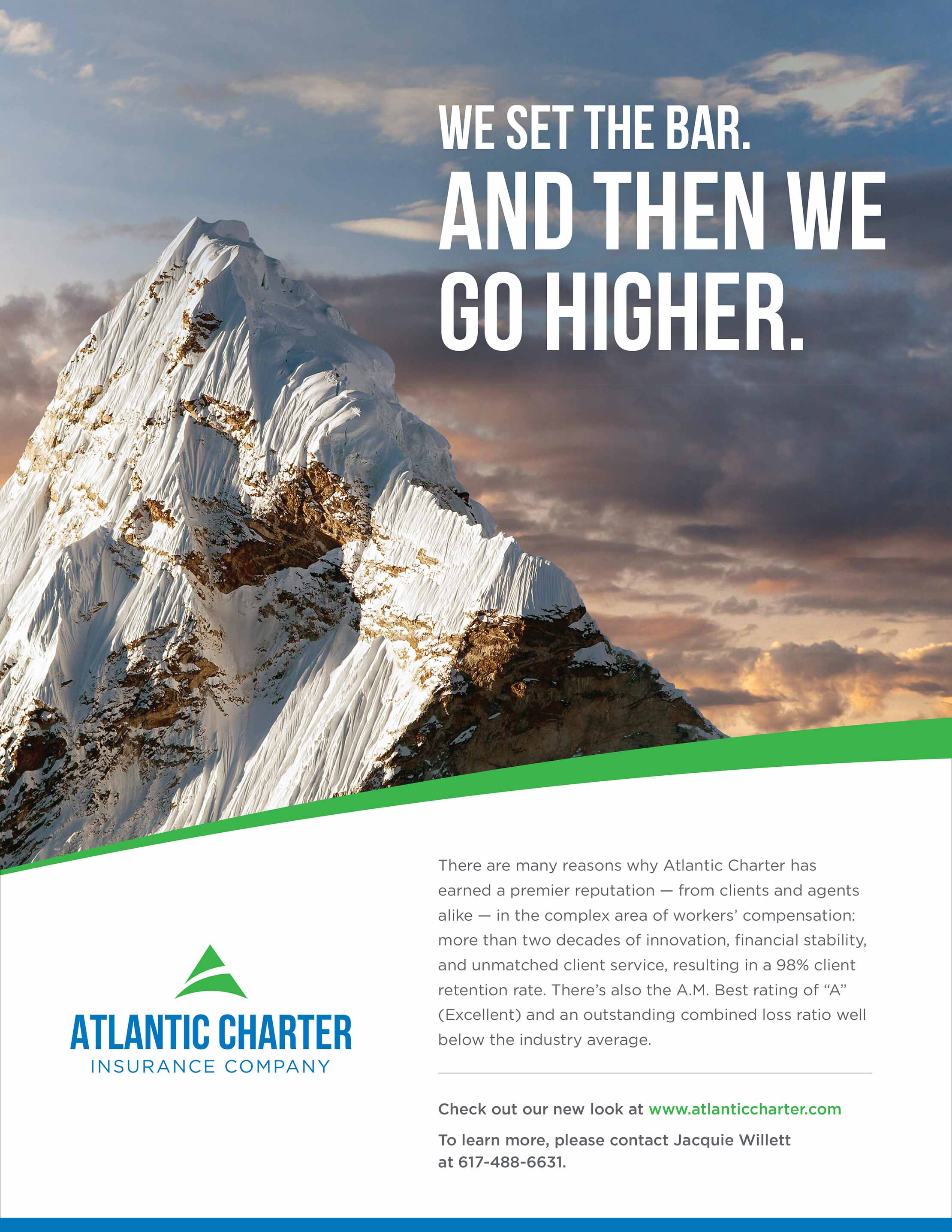 sample atlantic charter advertisement including mountain with headline "We se the bar. And then we go higher."