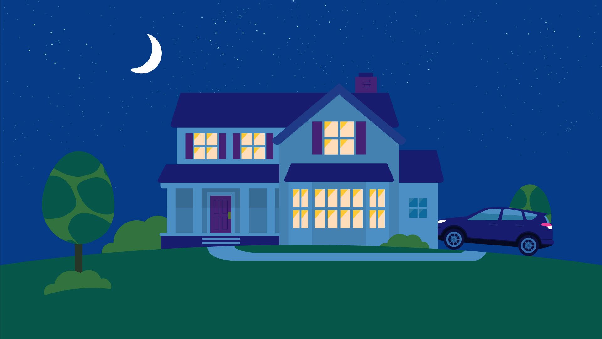 colorful house illustration with trees and night sky with moon