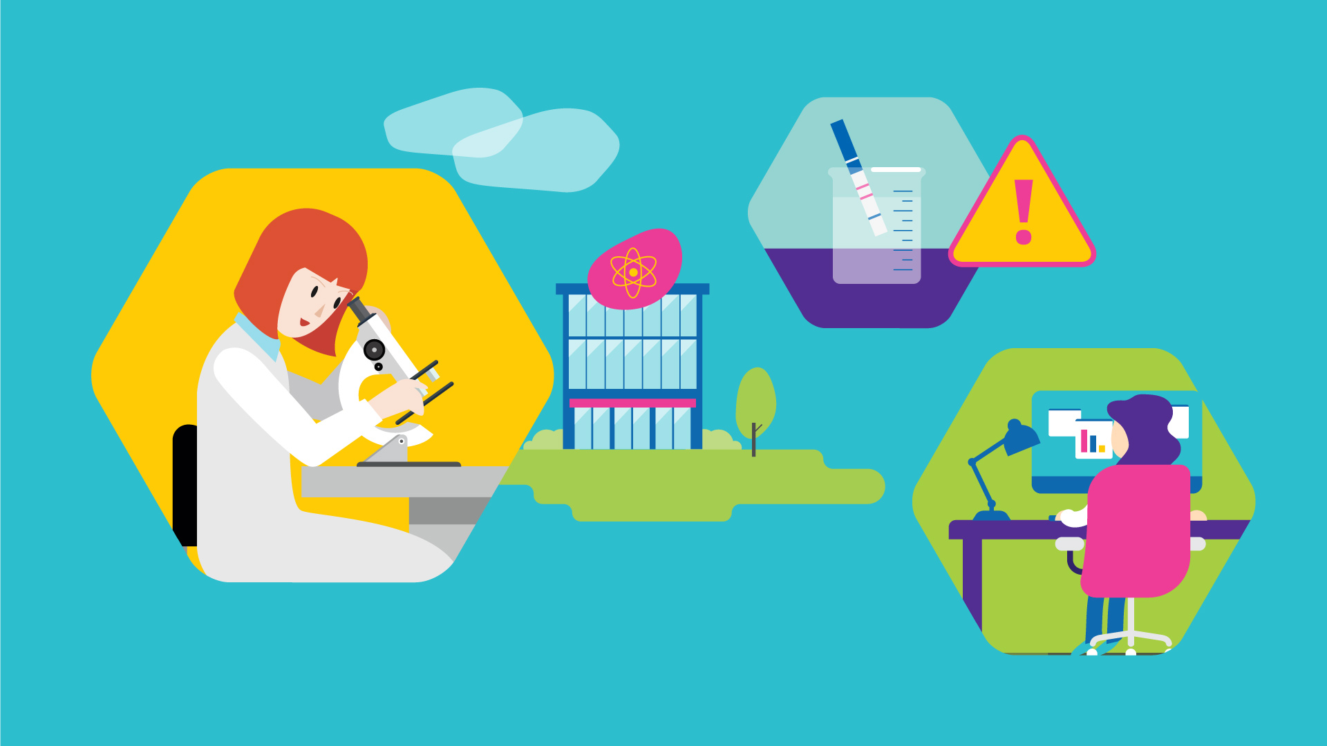illustrated bubbles with scientist using lab equipment and person on a computer