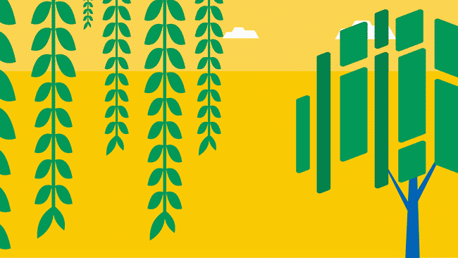 illustrated trees and green leaves on yellow background
