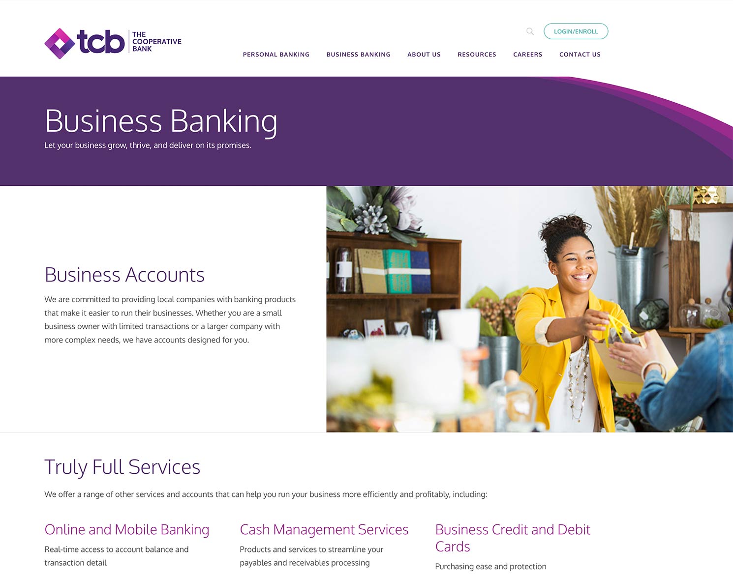 TCB website design business banking page