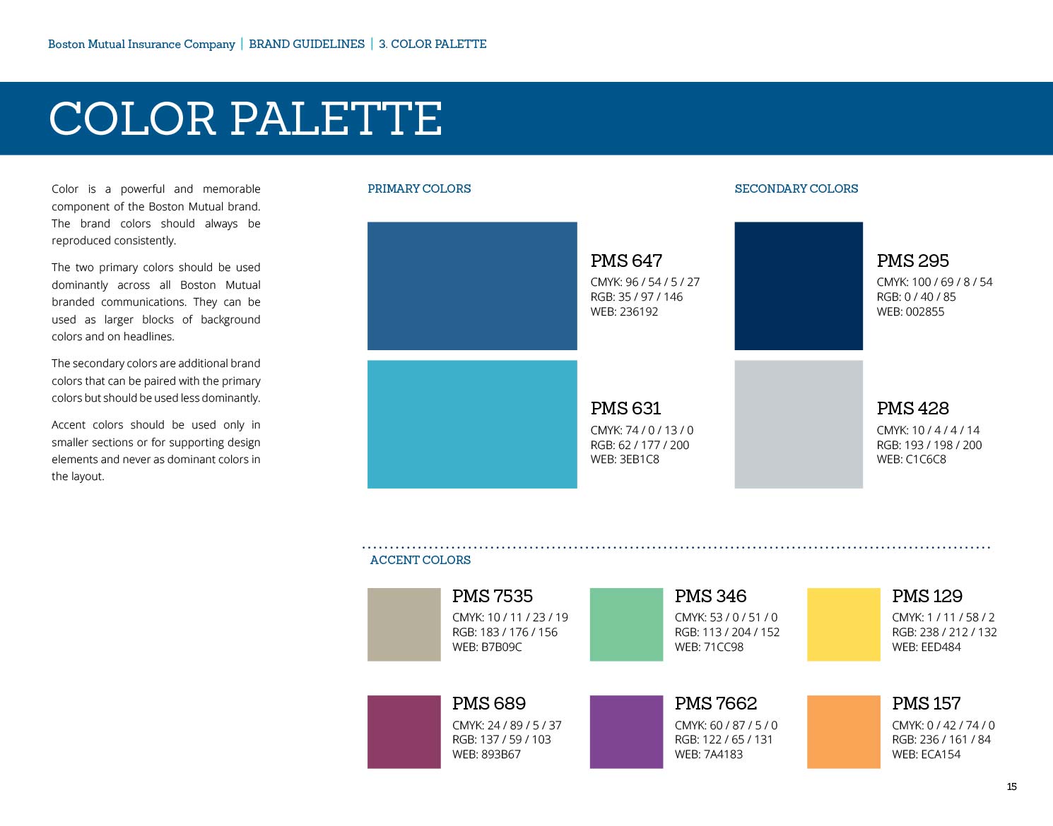 boston mutual brand guide page showing color palette