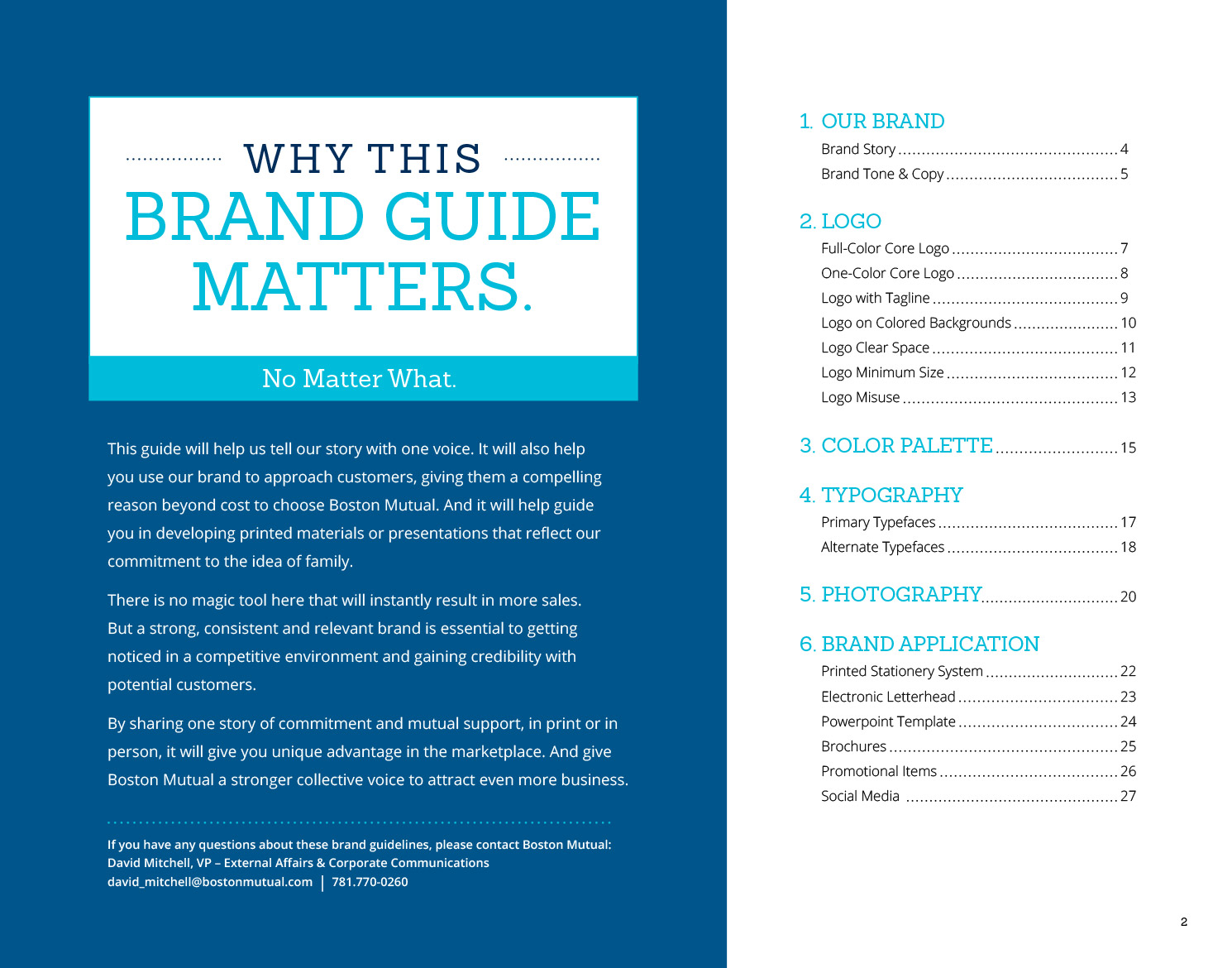 boston mutual brand guide page showing table of contents