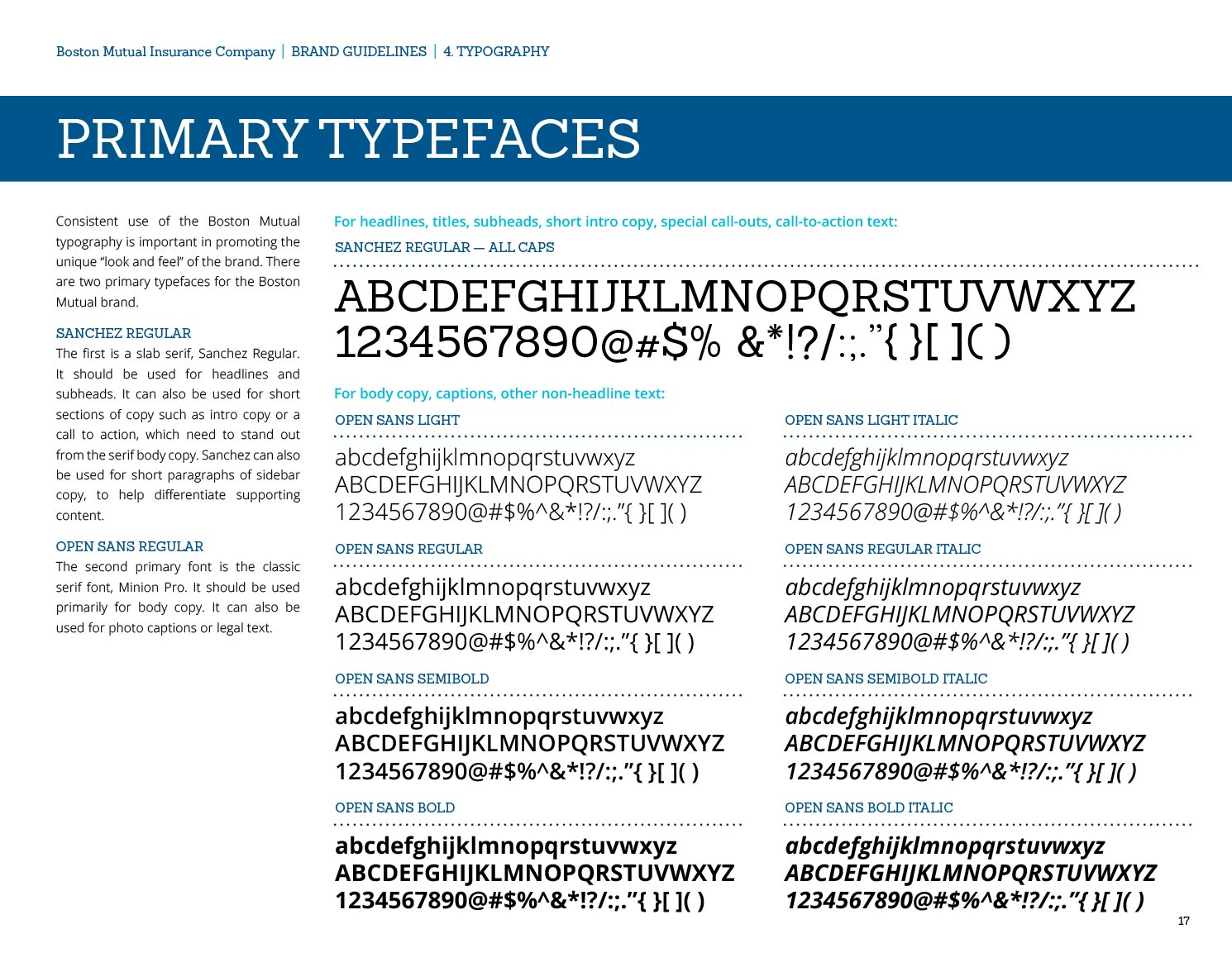 boston mutual brand guide page showing primary typefaces