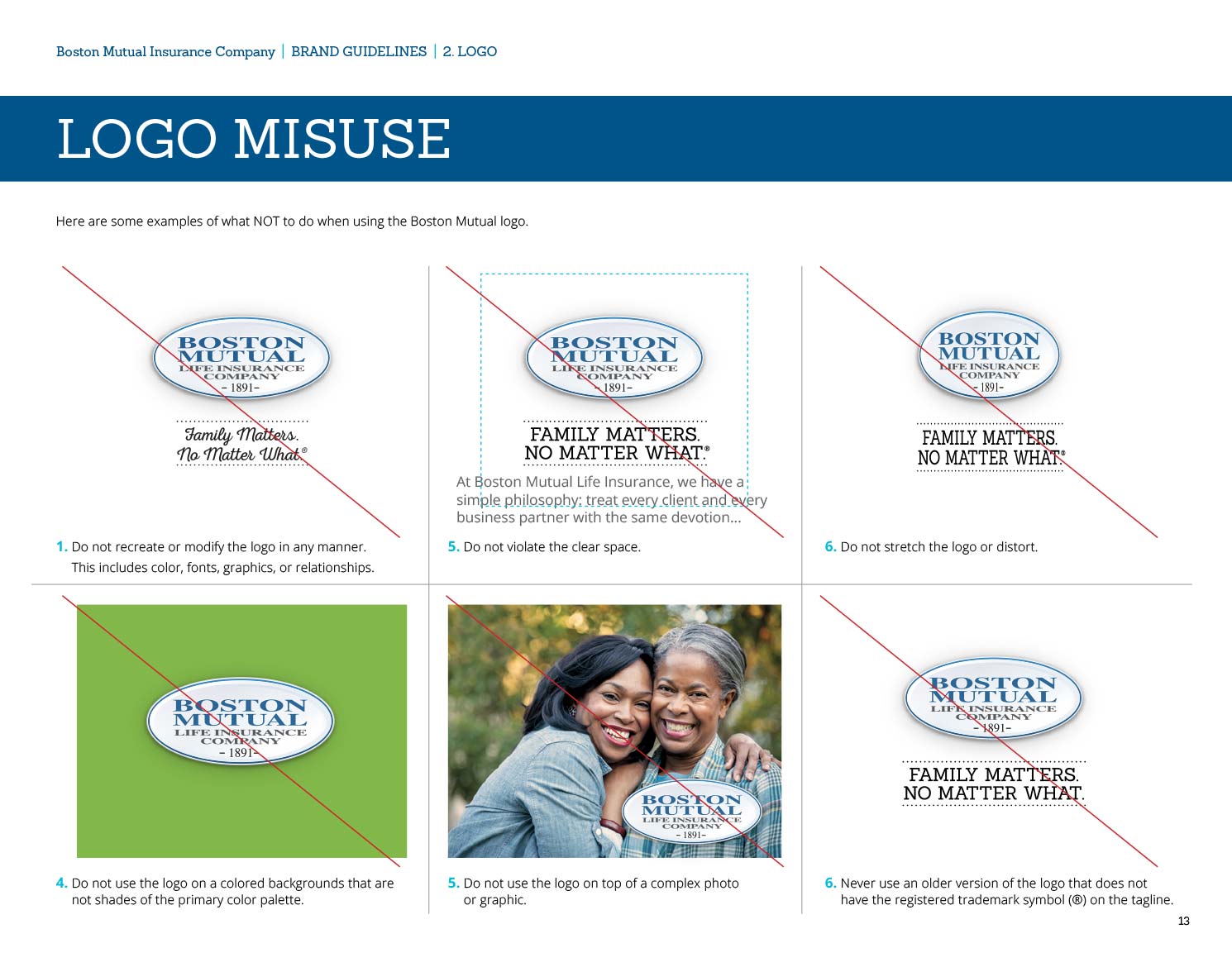 boston mutual brand guide page showing logo misuse