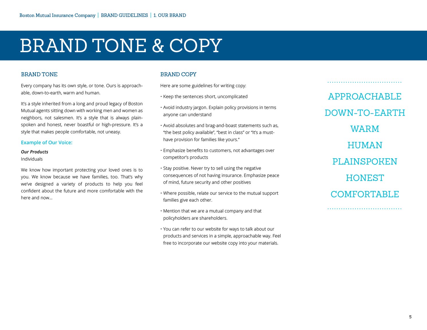 boston mutual brand guide page showing brand tone & copy