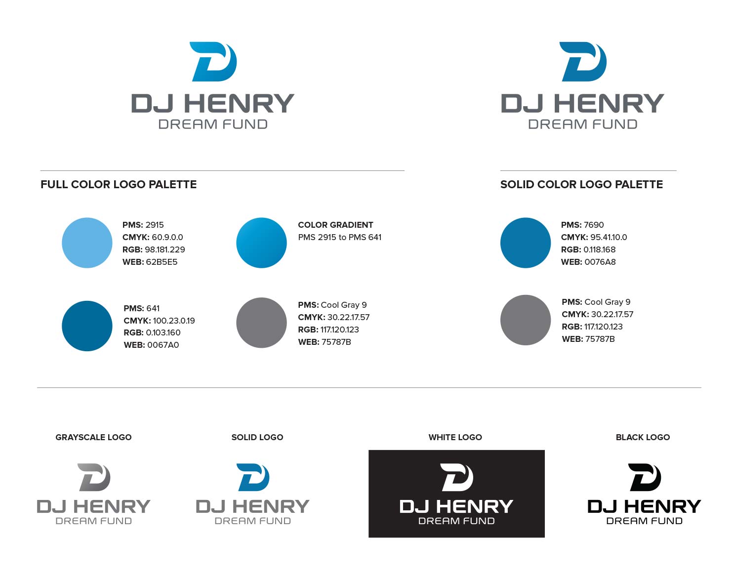 DJ Henry Dream Fund logo style sheet including logos and color usage