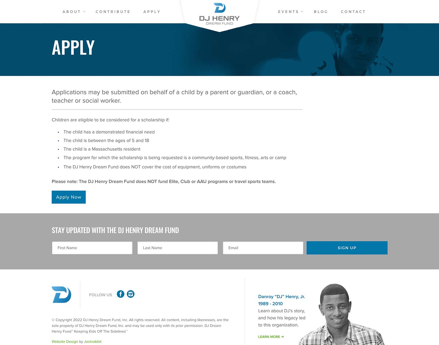 DJ Henry Dream Fund website design Apply page