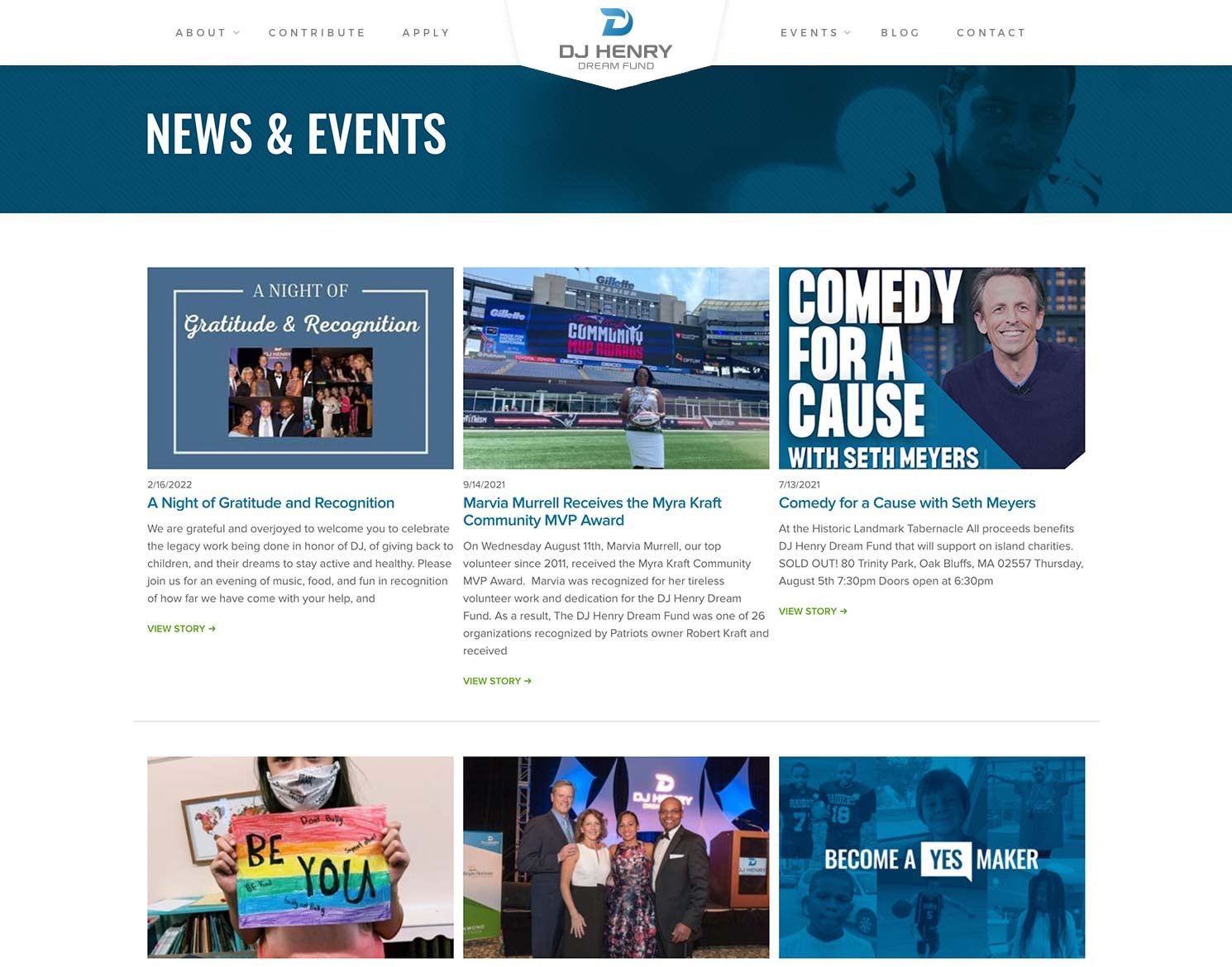 DJ Henry Dream Fund website design News & Events page