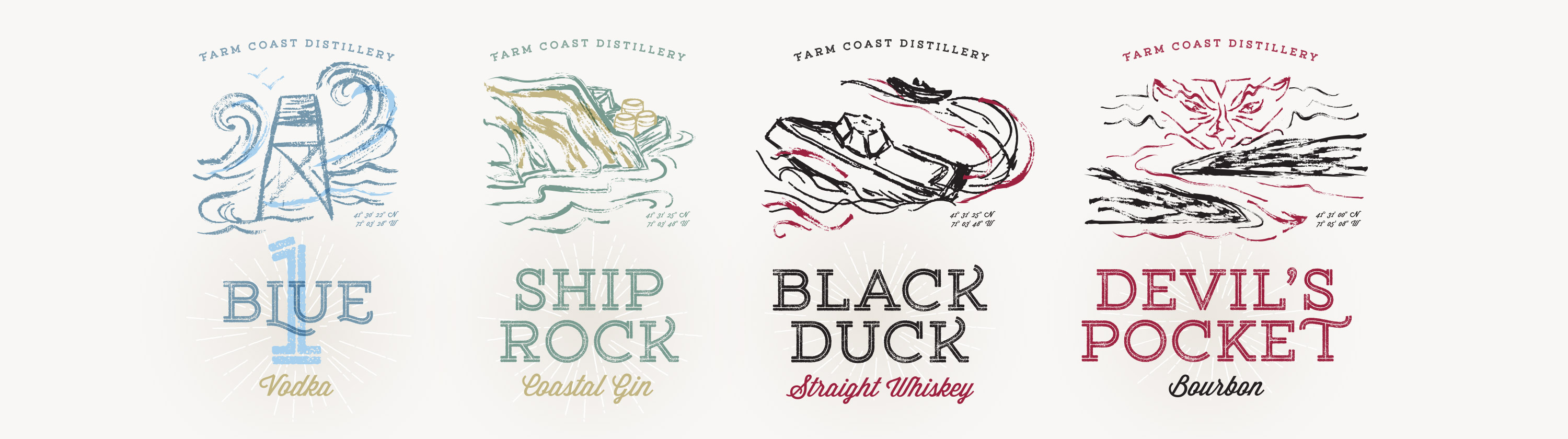 Farm Coast Distillery branding for vodka, gin, whiskey, and bourbon