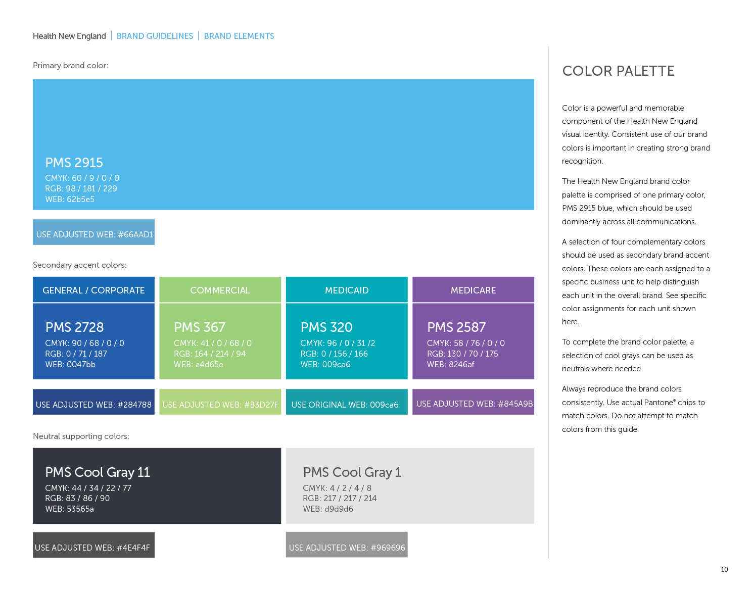 Health New England brand guide color palette